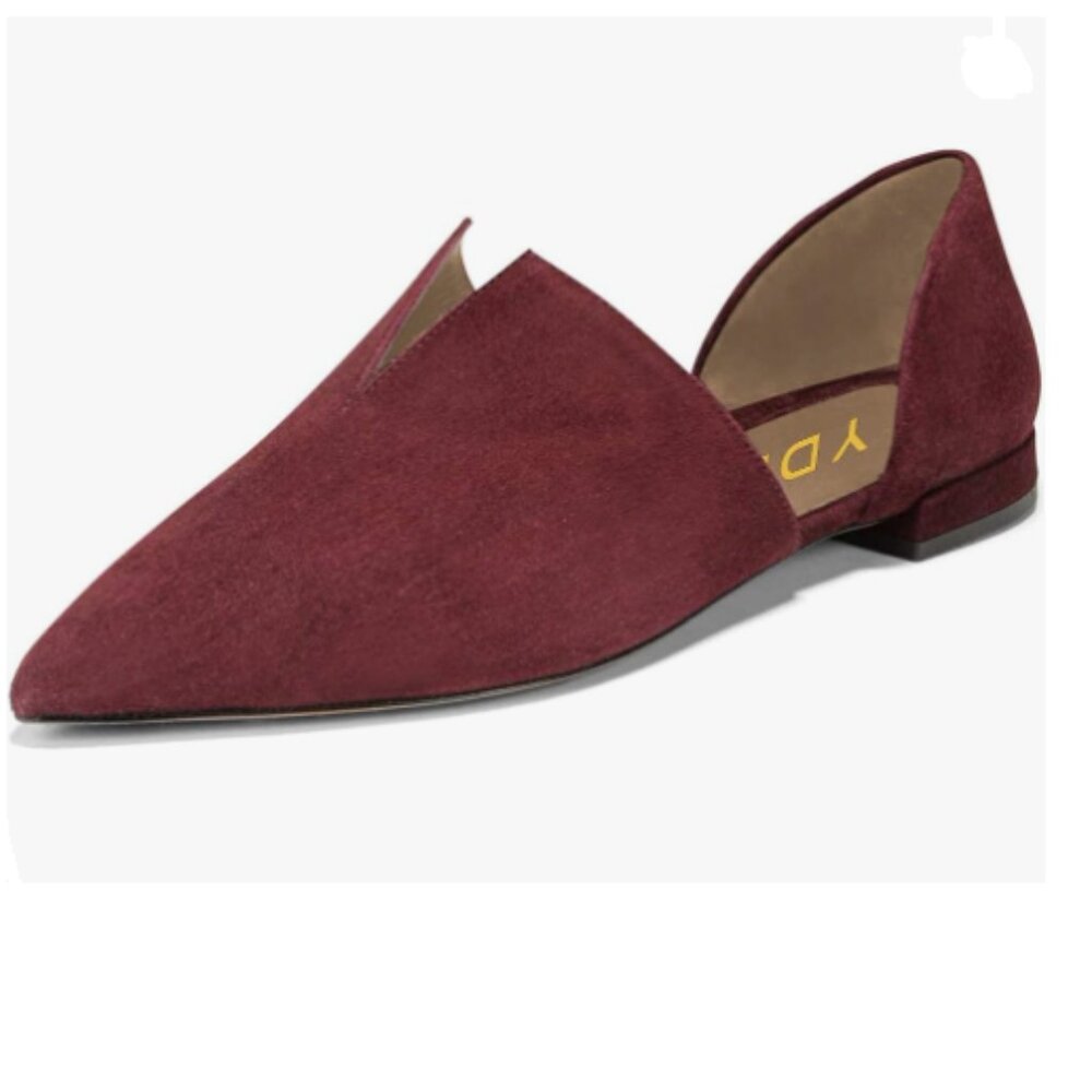 YDN Dark Red Pointed Toe D'Orsay V Cut Low Heel Slip On Office Dress Loafer Shoe